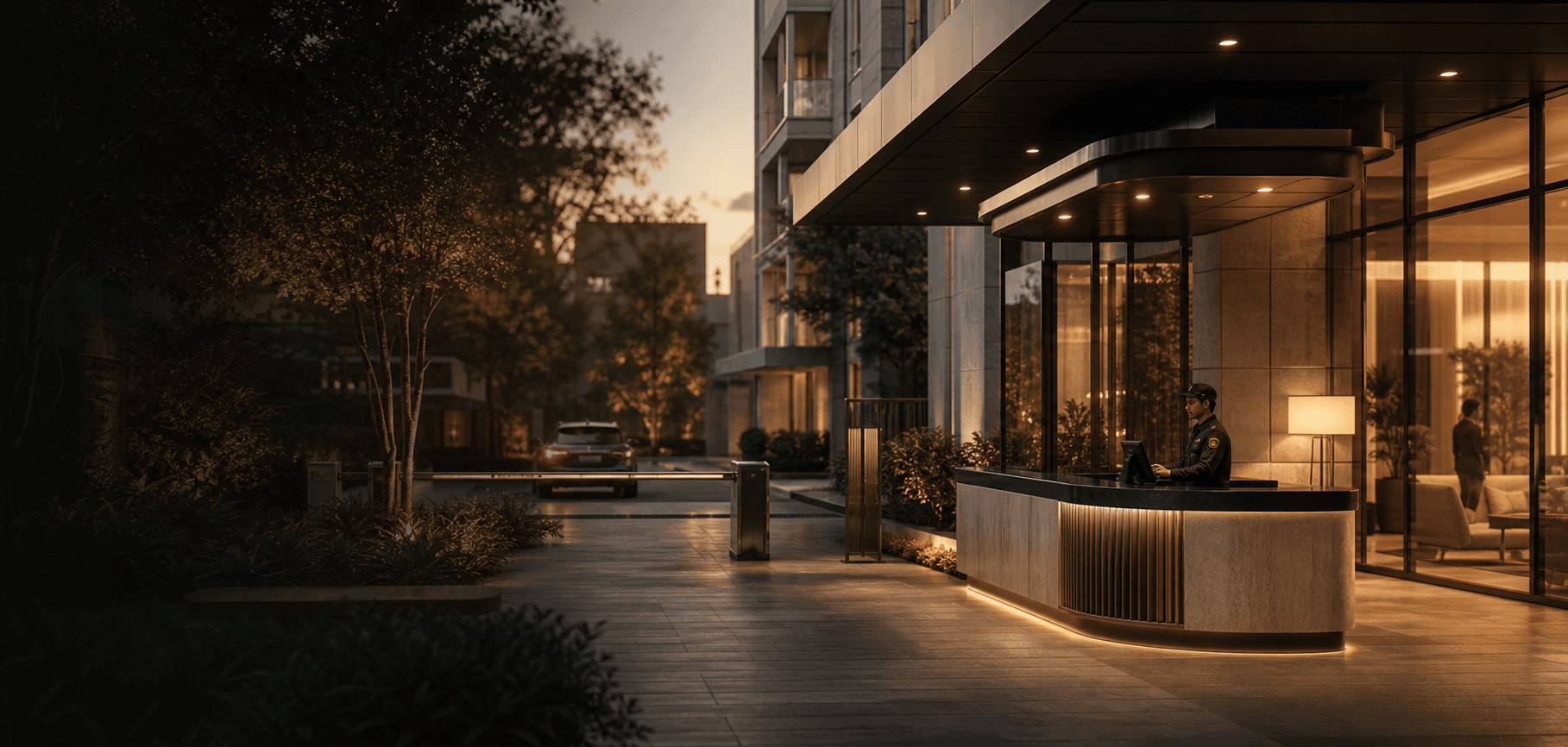 A premium community entrance ready for Kavach360 operations