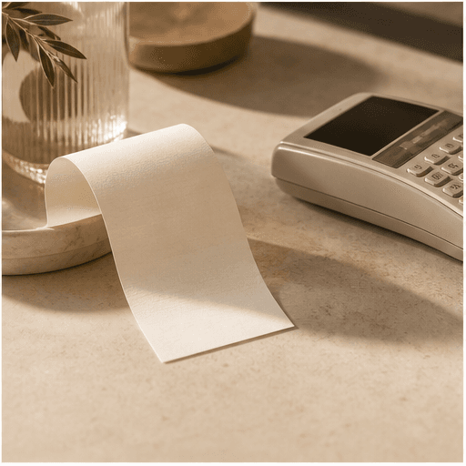 Clean receipt and payment record surfaces in warm neutral light